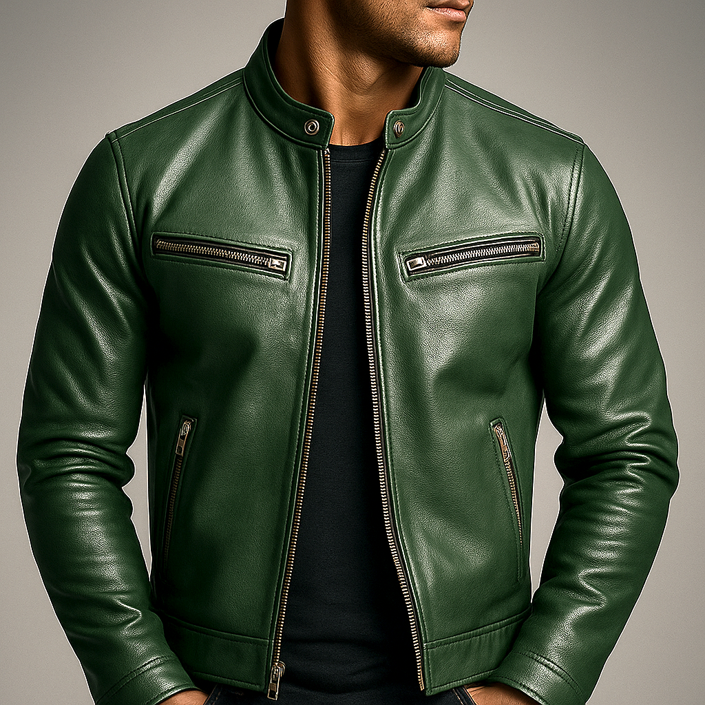 PIERRE | Veste café racer en cuir — col officier et poches zippées