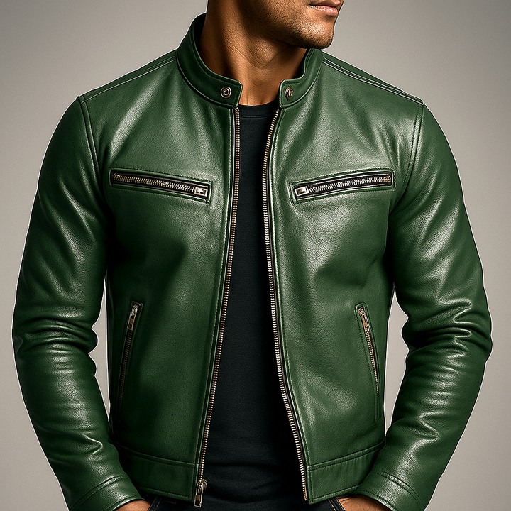 PIERRE | Veste café racer en cuir — col officier et poches zippées