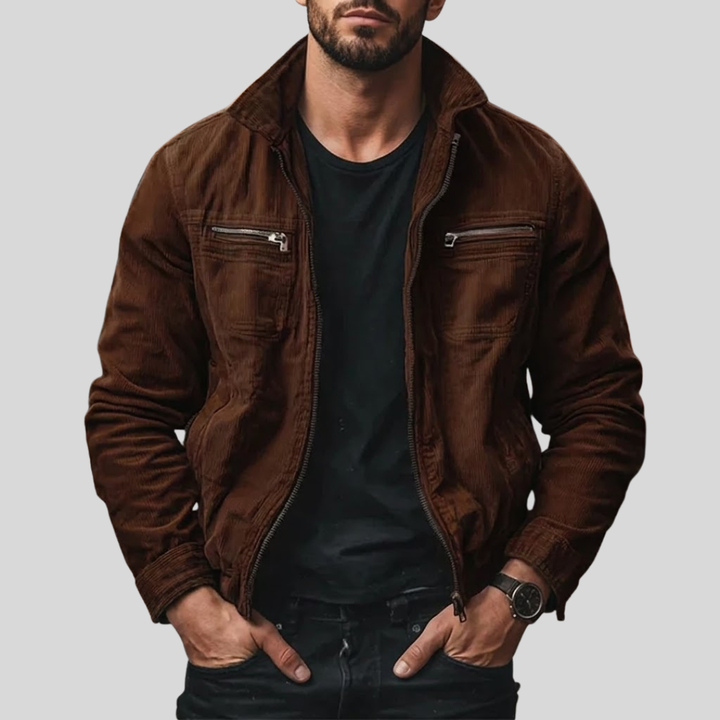 GASTON | Veste zippée en velours côtelé — col officier et poches poitrine zippées