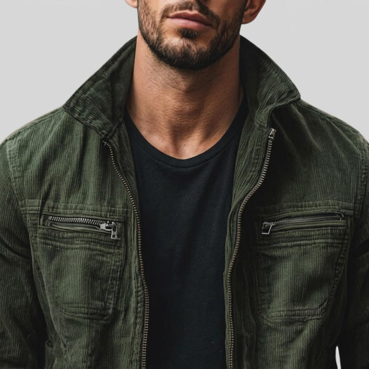 GASTON | Veste zippée en velours côtelé — col officier et poches poitrine zippées