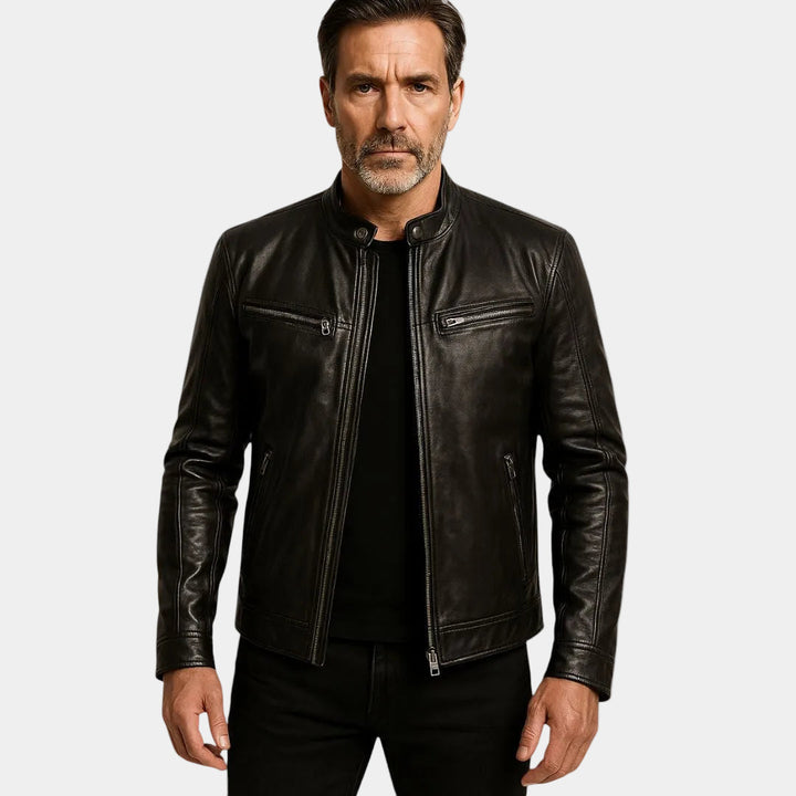 DENIS | Blouson café racer en cuir véritable — zip frontal