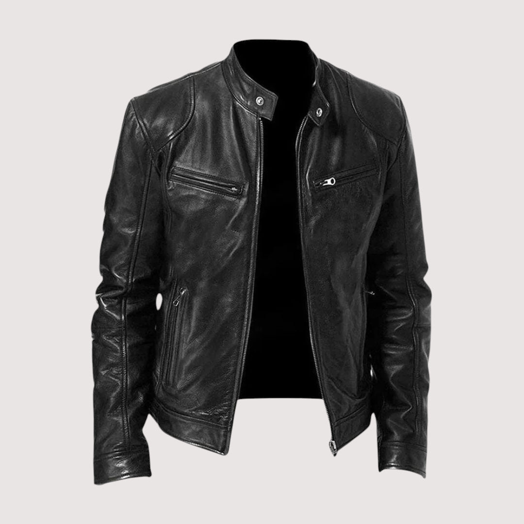 DENIS | Blouson café racer en cuir véritable — zip frontal