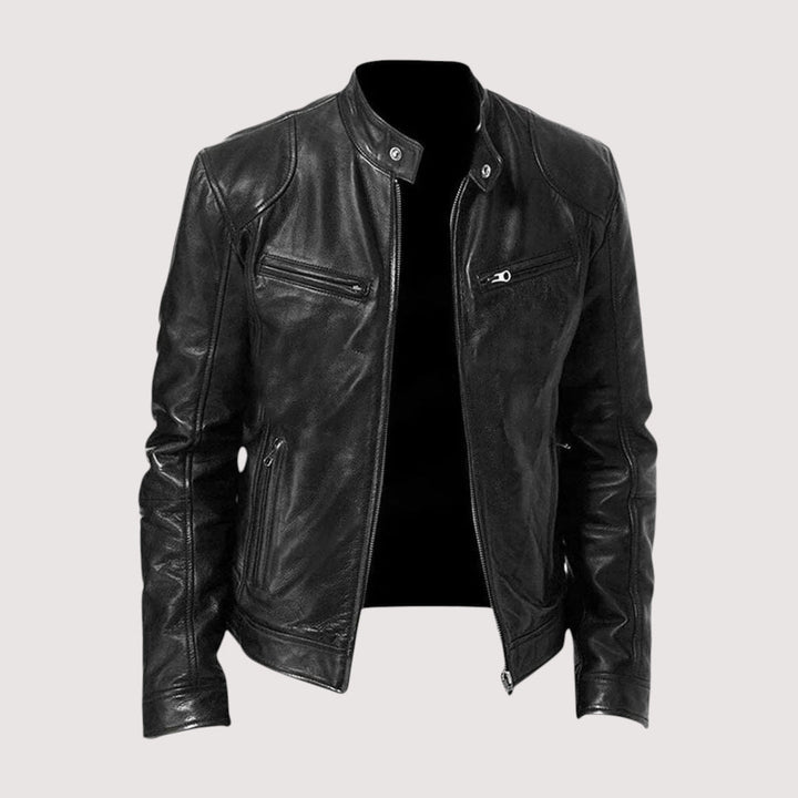 DENIS | Blouson café racer en cuir véritable — zip frontal