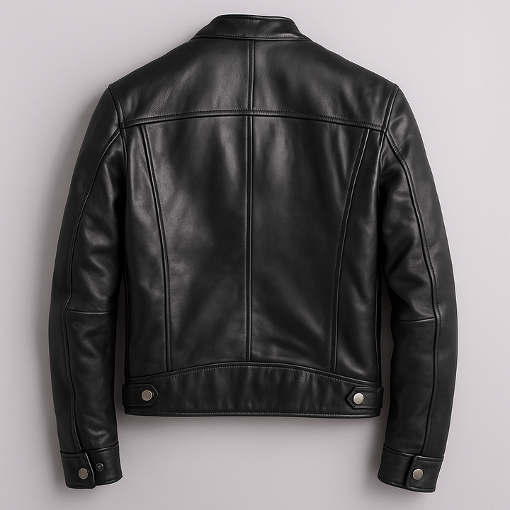 PIERRE | Veste café racer en cuir — col officier et poches zippées