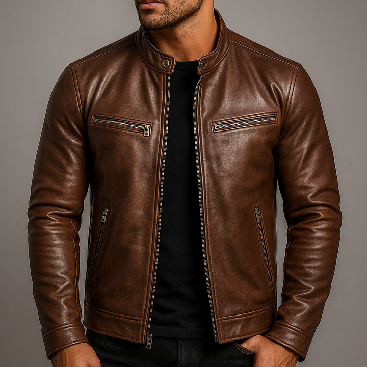 PIERRE | Veste café racer en cuir — col officier et poches zippées