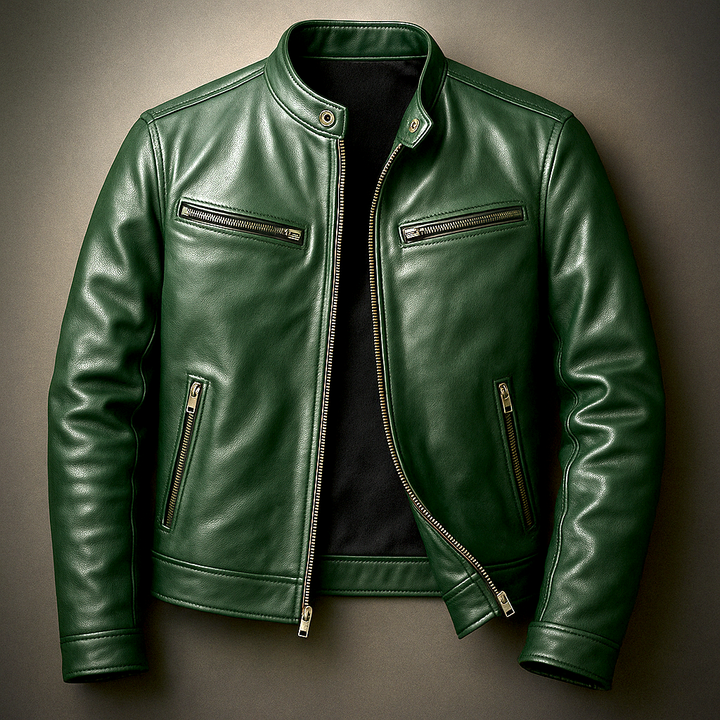 PIERRE | Veste café racer en cuir — col officier et poches zippées