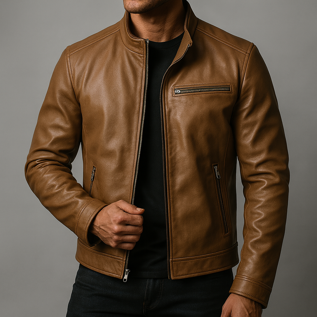 VINCENT | Blouson zippé en cuir — col officier, finition mate