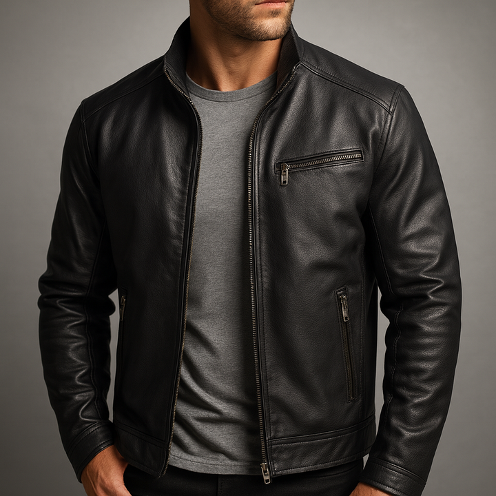 VINCENT | Blouson zippé en cuir — col officier, finition mate