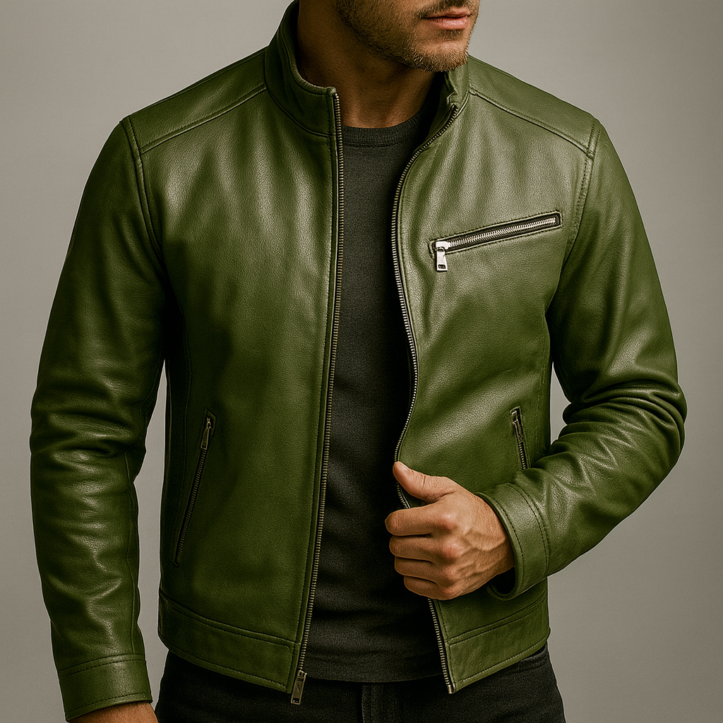VINCENT | Blouson zippé en cuir — col officier, finition mate