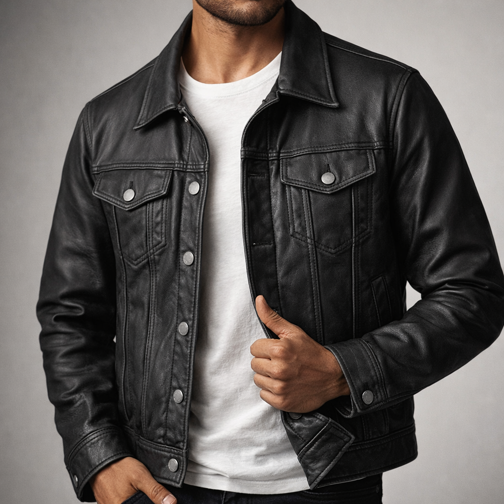 FRANÇOIS | Veste trucker en cuir — double poche poitrine