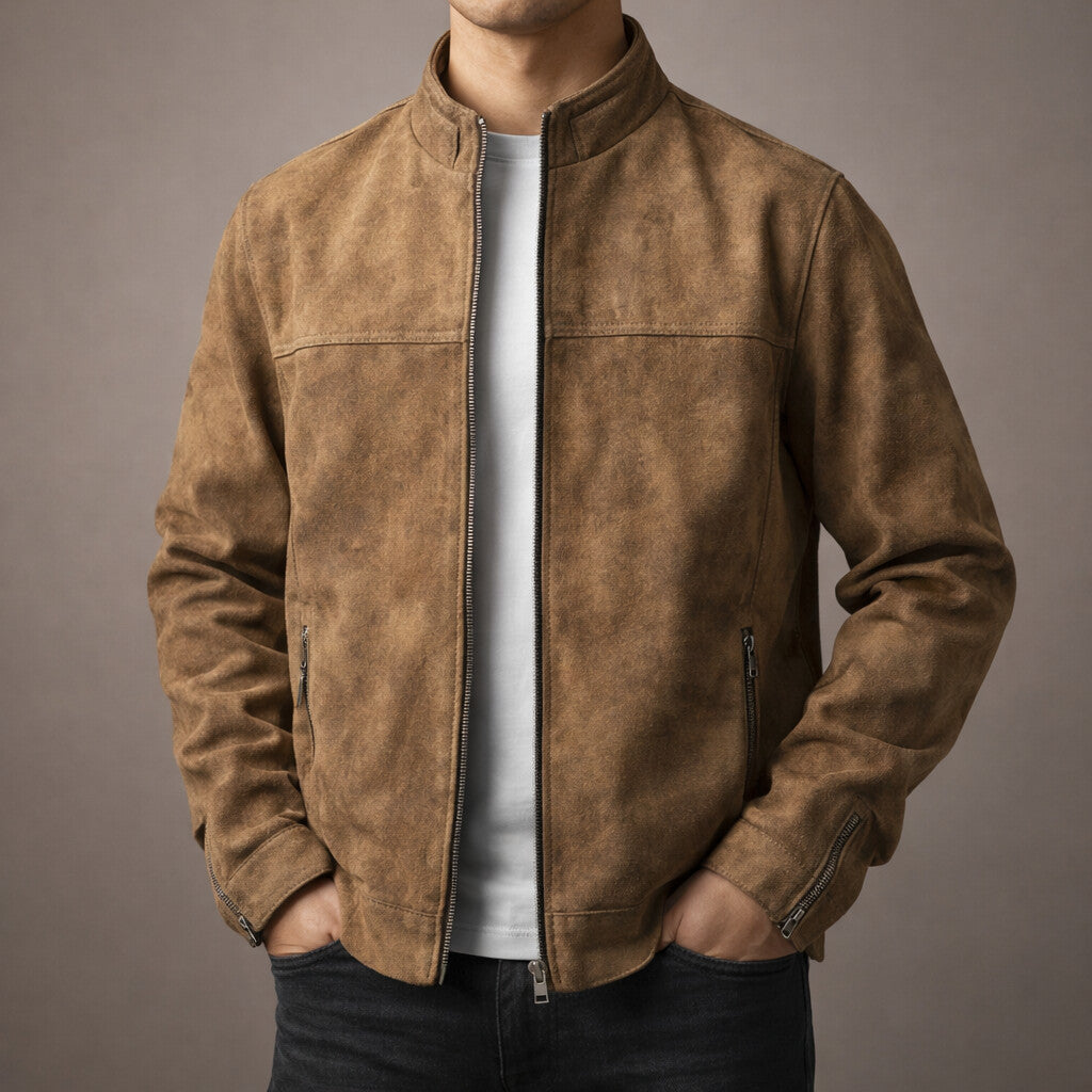CLAUDE | Blouson en daim — col montant, finition vieillie