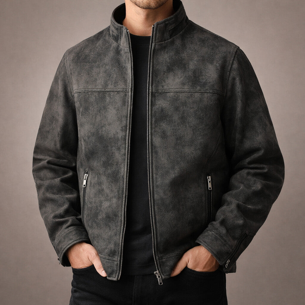CLAUDE | Blouson en daim — col montant, finition vieillie