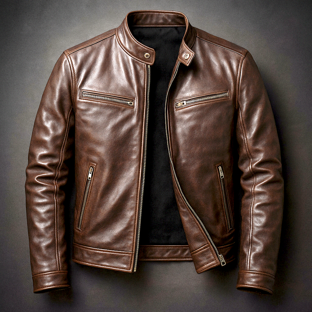 PIERRE | Veste café racer en cuir — col officier et poches zippées