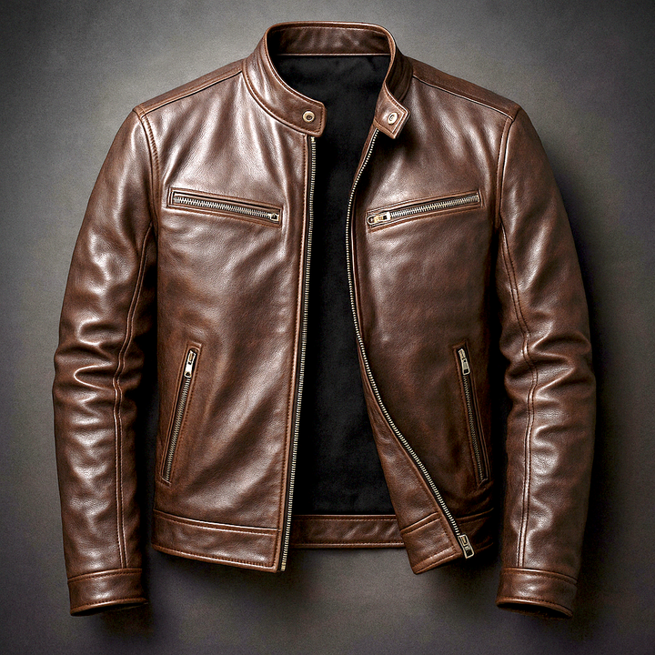 PIERRE | Veste café racer en cuir — col officier et poches zippées