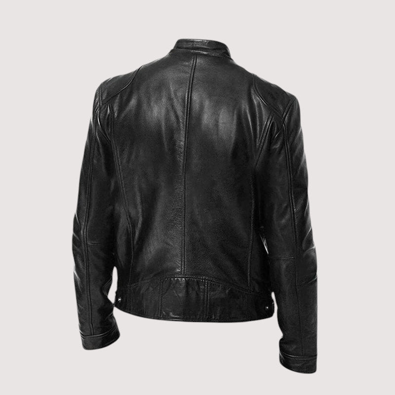 DENIS | Blouson café racer en cuir véritable — zip frontal