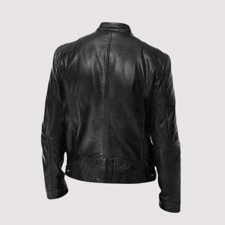 DENIS | Blouson café racer en cuir véritable — zip frontal