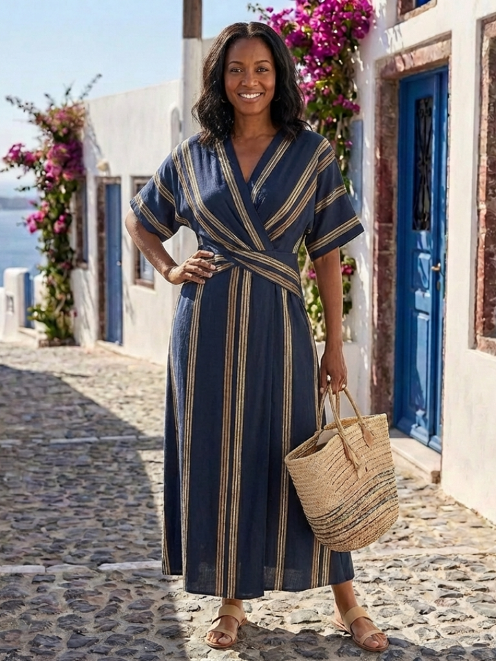 Saphira | Robe midi rayée fluide à décolleté en V