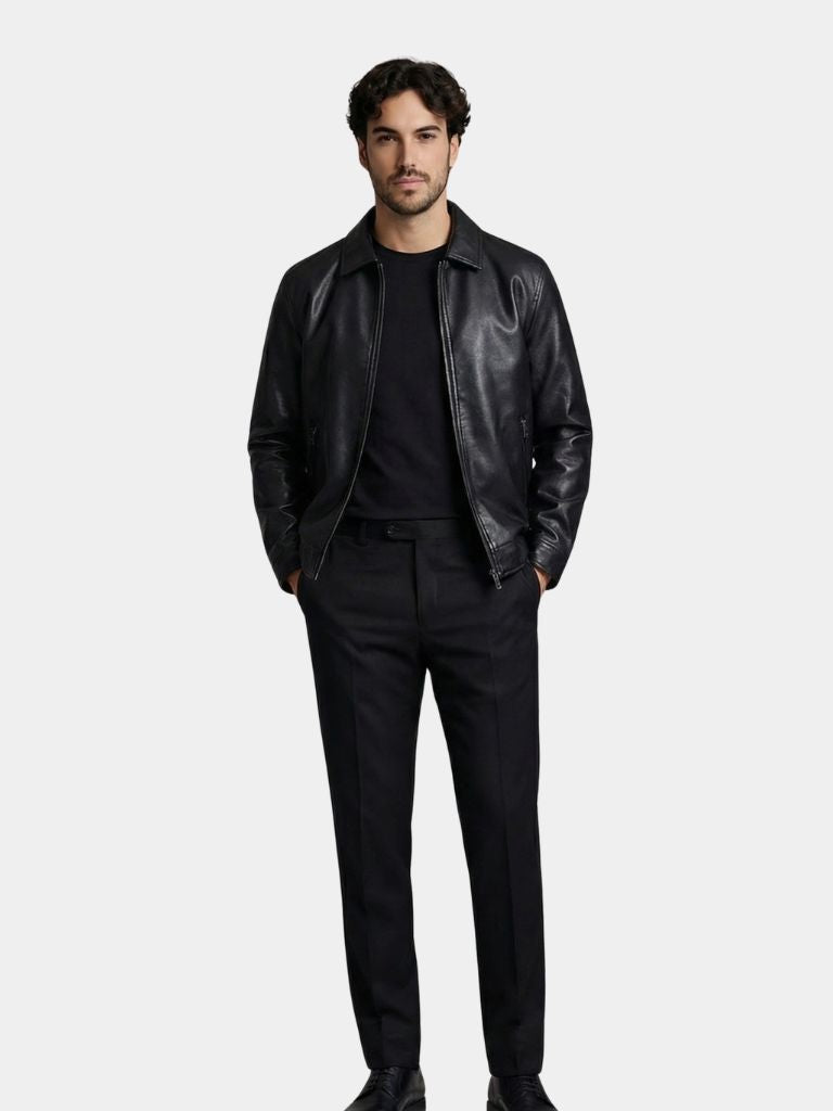 GASPARD | Blouson en cuir véritable — col cranté et zip frontal