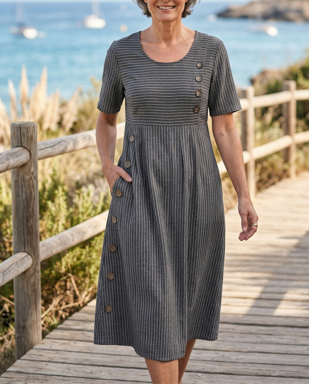 Juliette | Robe Midi Rayée Élégance Intemporelle