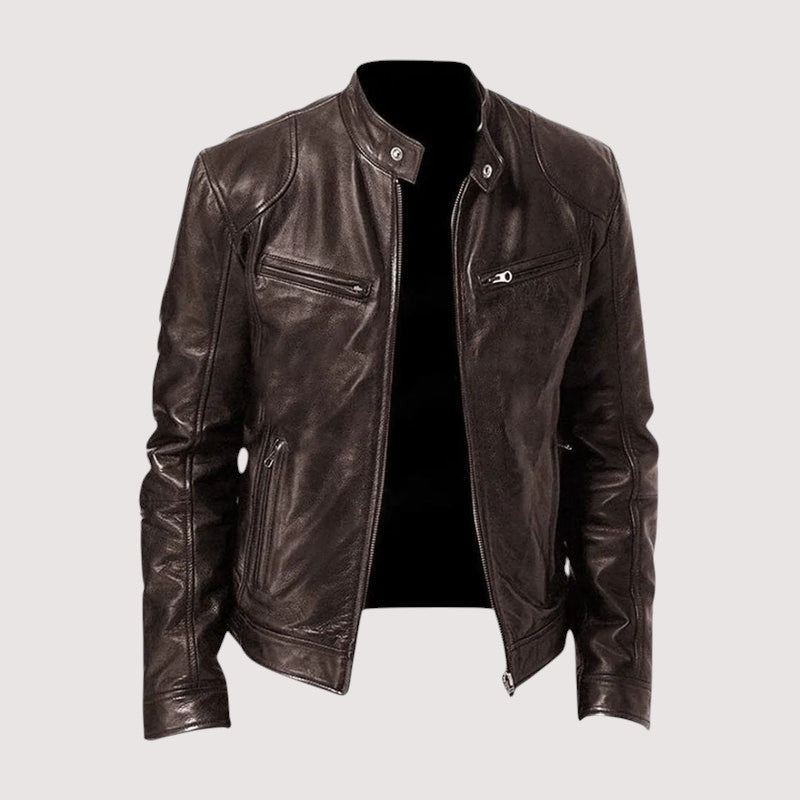 DENIS | Blouson café racer en cuir véritable — zip frontal