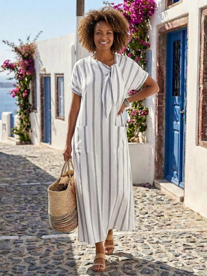 Elaris | Robe midi fluide rayée à col noué