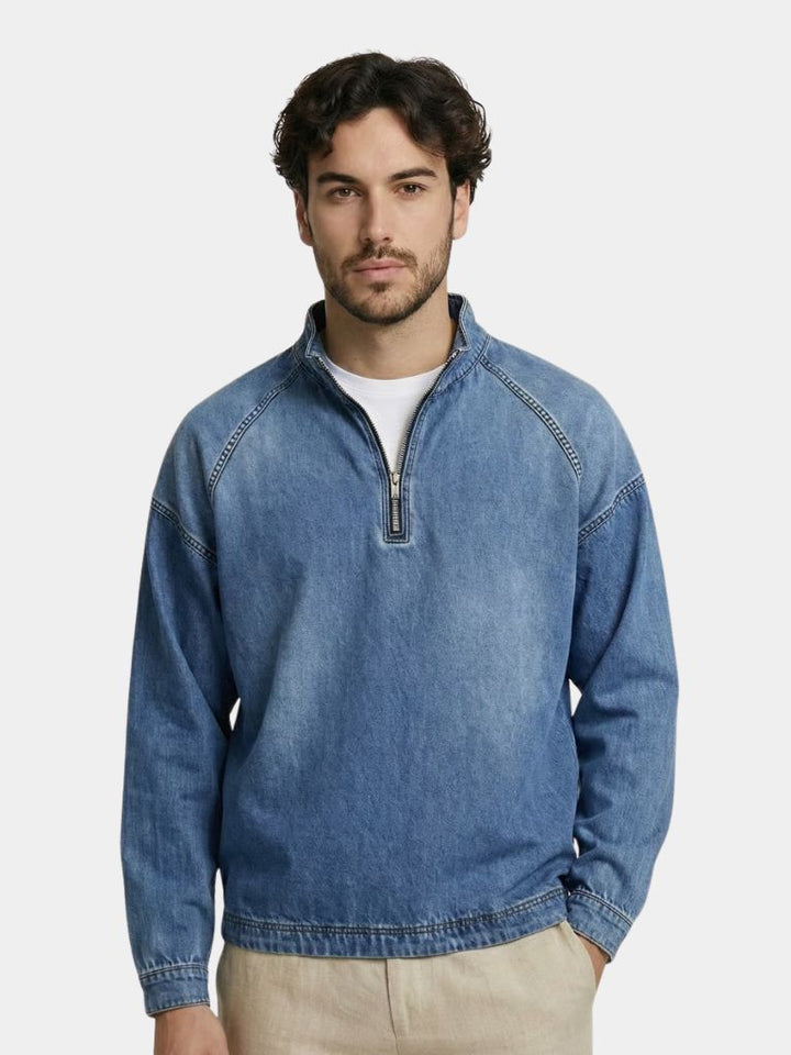 Stonewashed Denim Quarter-Zip Jacket