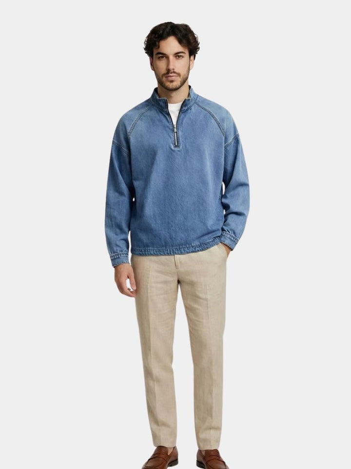 Stonewashed Denim Quarter-Zip Jacket