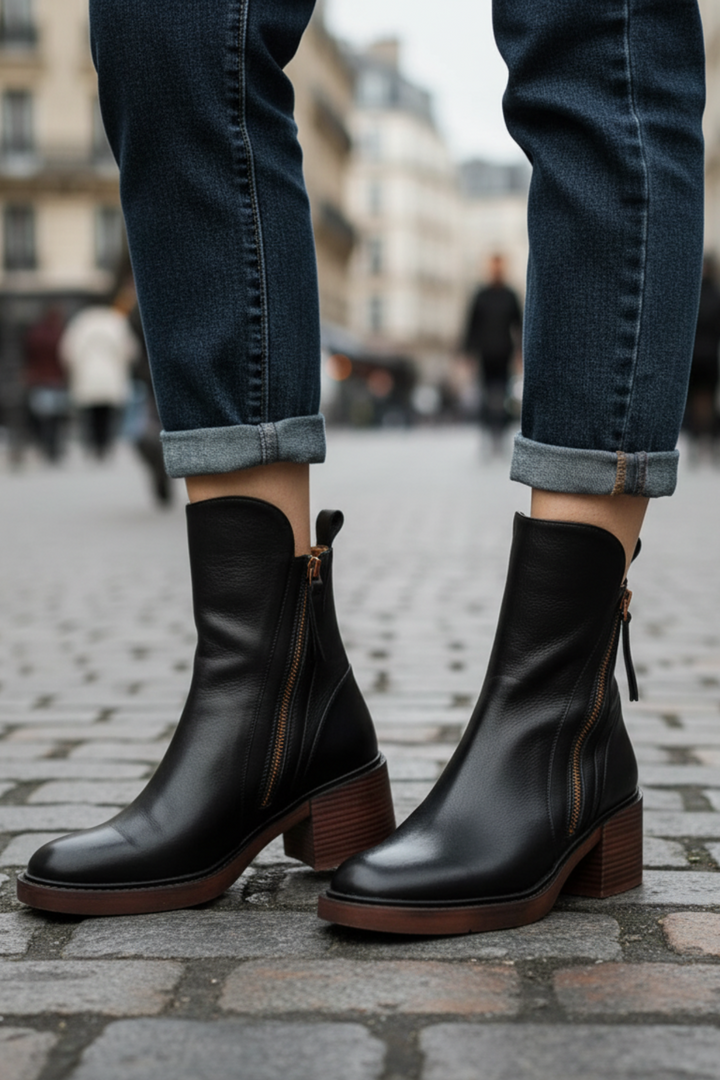 Valorine | Botte en cuir noire avec un talon confortable, élégante et intemporelle