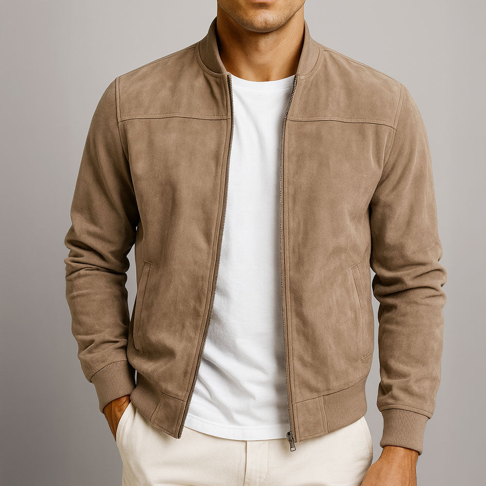 GUSTAVE | Blouson bomber en daim — col rond et finitions côtelées