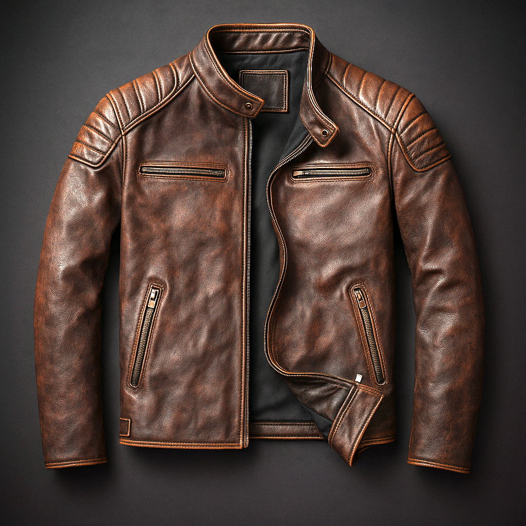 EDMOND | Blouson café racer en cuir patiné — épaules matelassées