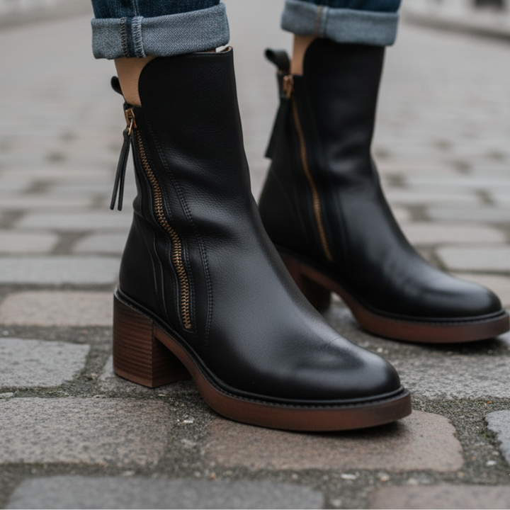 Valorine | Botte en cuir noire avec un talon confortable, élégante et intemporelle