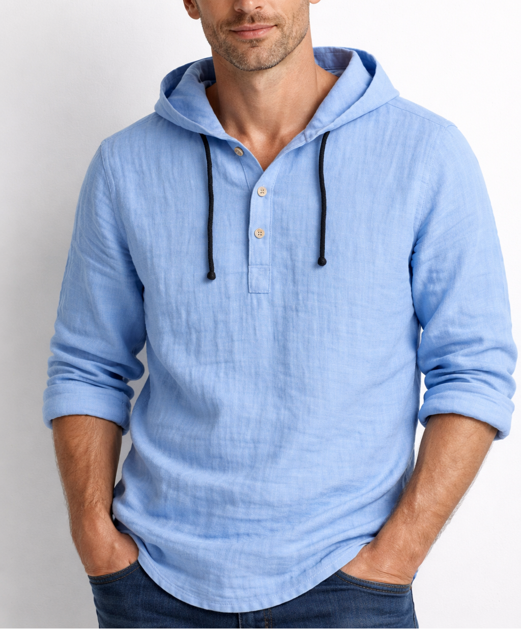 VICTOR | Chemise à capuche en lin — col henley, trois boutons