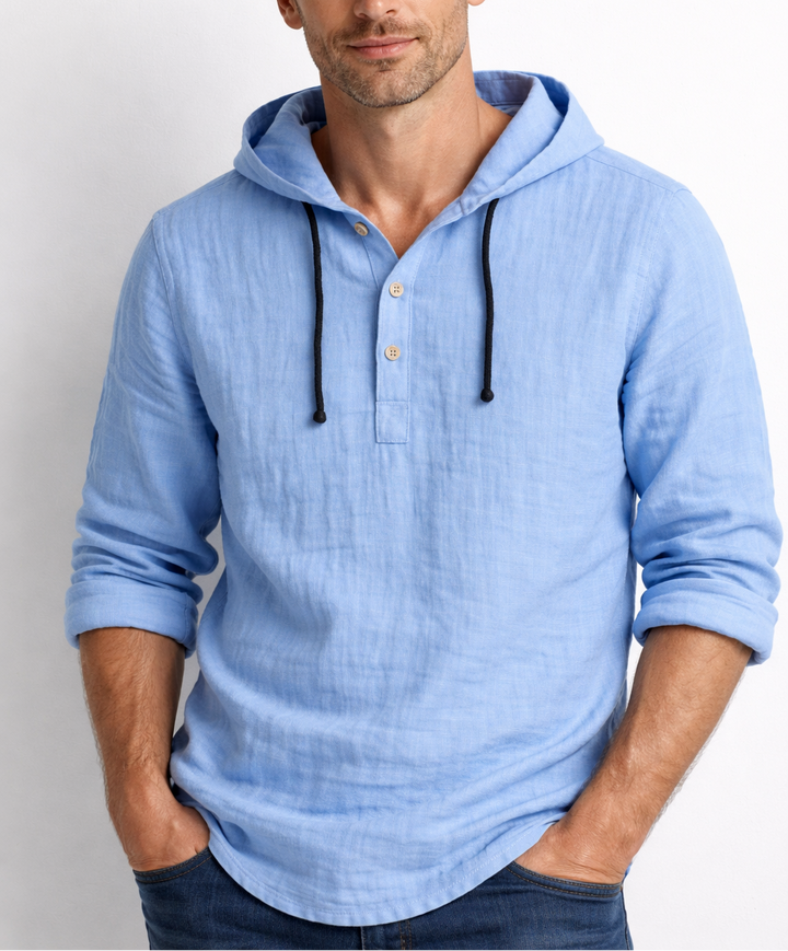 VICTOR | Chemise à capuche en lin — col henley, trois boutons