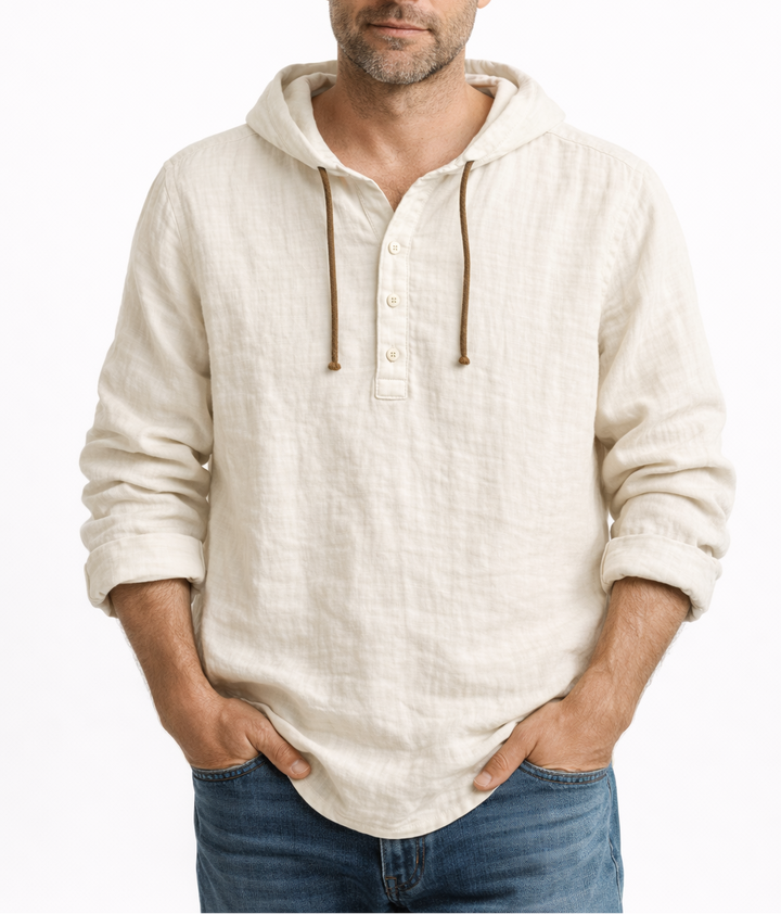 VICTOR | Chemise à capuche en lin — col henley, trois boutons