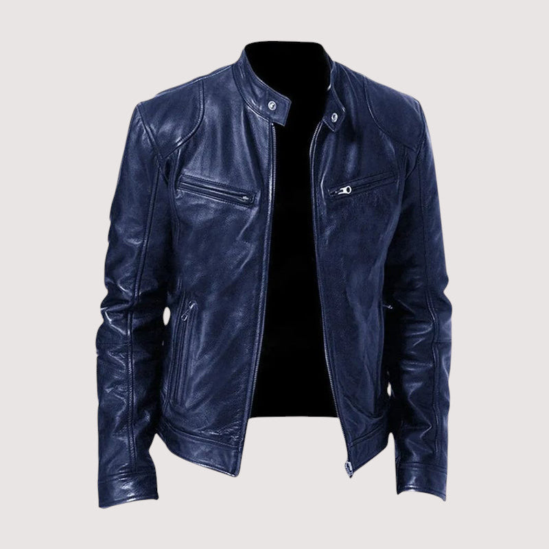 DENIS | Blouson café racer en cuir véritable — zip frontal