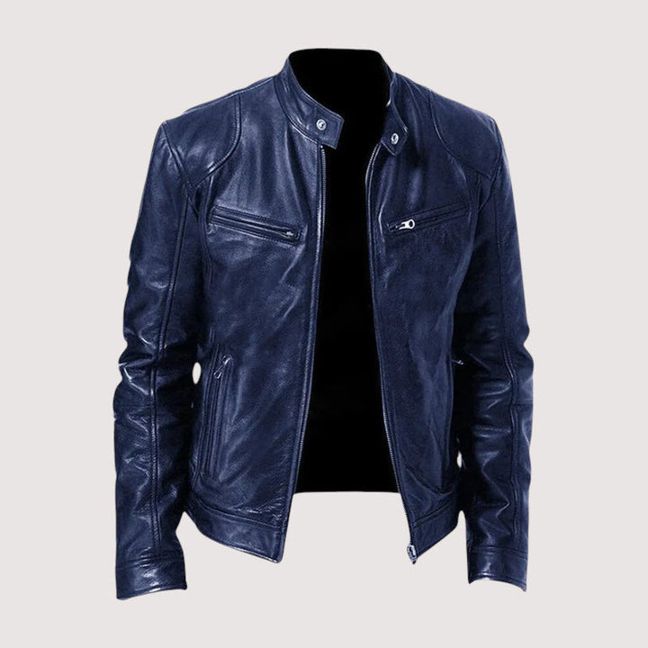 DENIS | Blouson café racer en cuir véritable — zip frontal