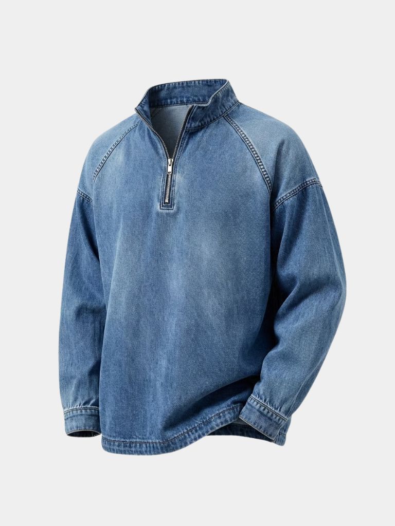 Stonewashed Denim Quarter-Zip Jacket