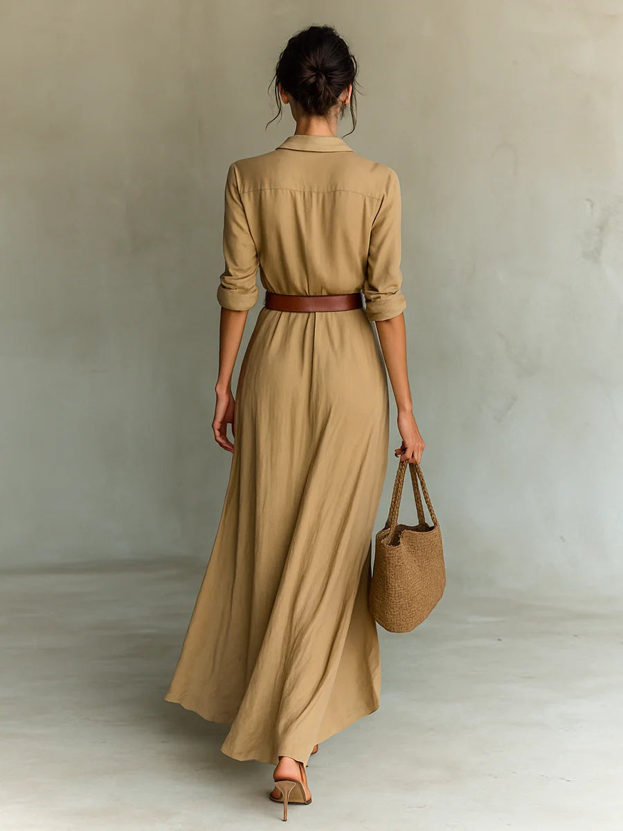 Camille Cannes | Robe maxi sophistiquée avec ceinture ajustable et revers élégants
