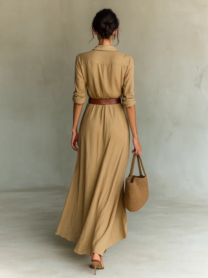 Camille Cannes | Robe maxi sophistiquée avec ceinture ajustable et revers élégants