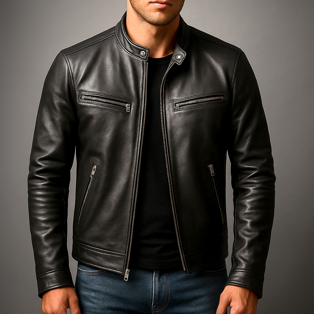 PIERRE | Veste café racer en cuir — col officier et poches zippées