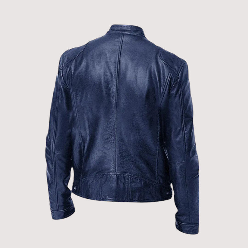 DENIS | Blouson café racer en cuir véritable — zip frontal