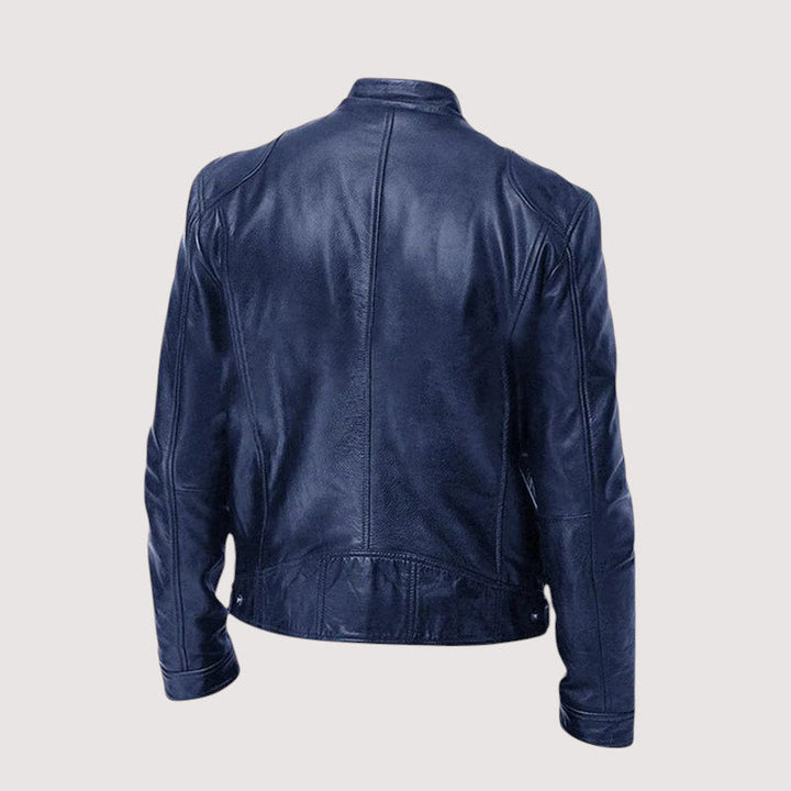 DENIS | Blouson café racer en cuir véritable — zip frontal