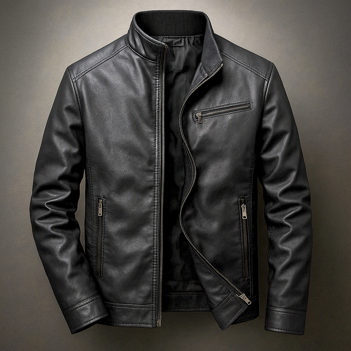 VINCENT | Blouson zippé en cuir — col officier, finition mate