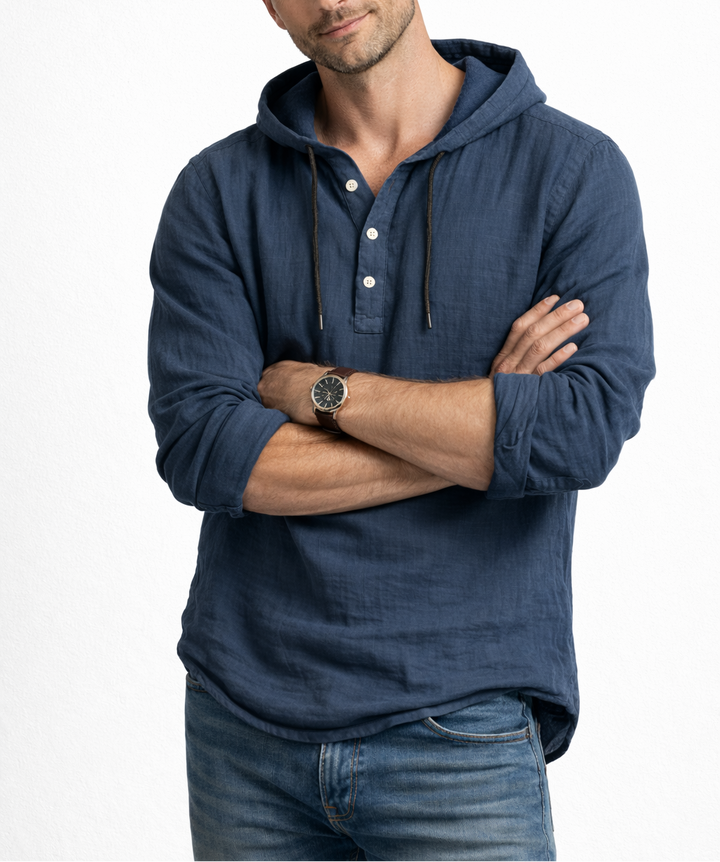 VICTOR | Chemise à capuche en lin — col henley, trois boutons