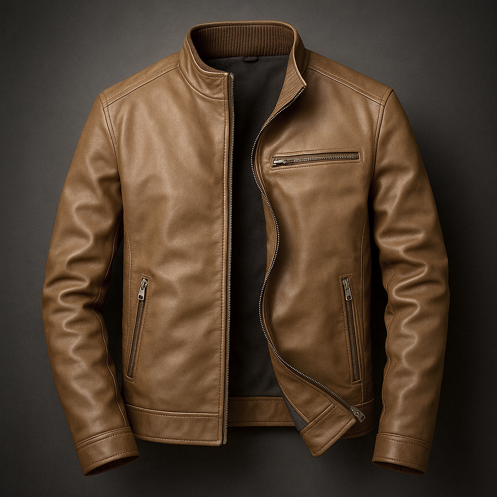 VINCENT | Blouson zippé en cuir — col officier, finition mate