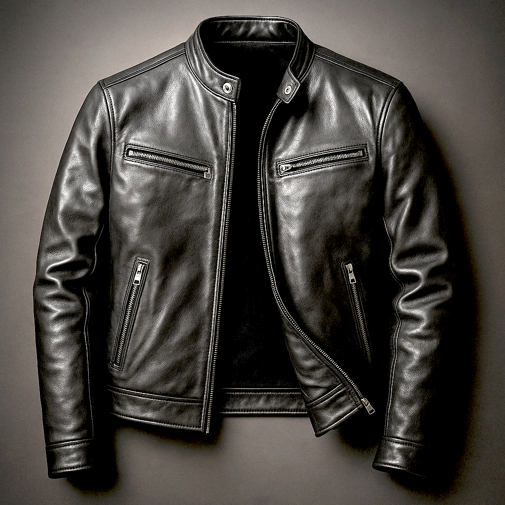 PIERRE | Veste café racer en cuir — col officier et poches zippées