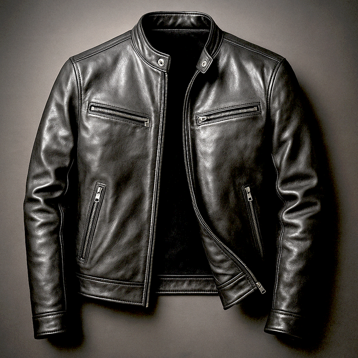 PIERRE | Veste café racer en cuir — col officier et poches zippées