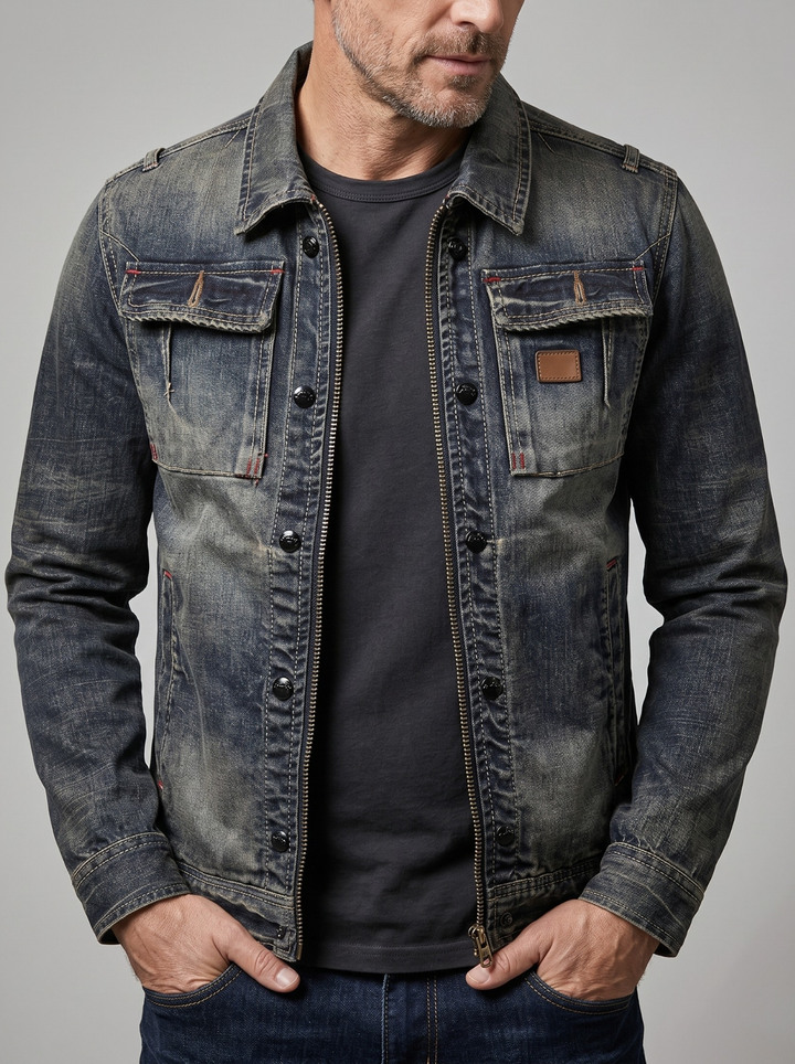 THIERRY | Veste en denim lavé — double fermeture zip et boutons