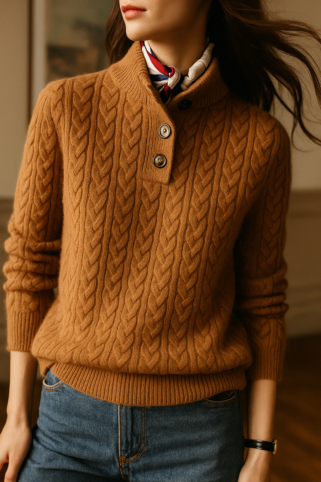 Cécile | Pull en cachemire torsadé col montant boutonné