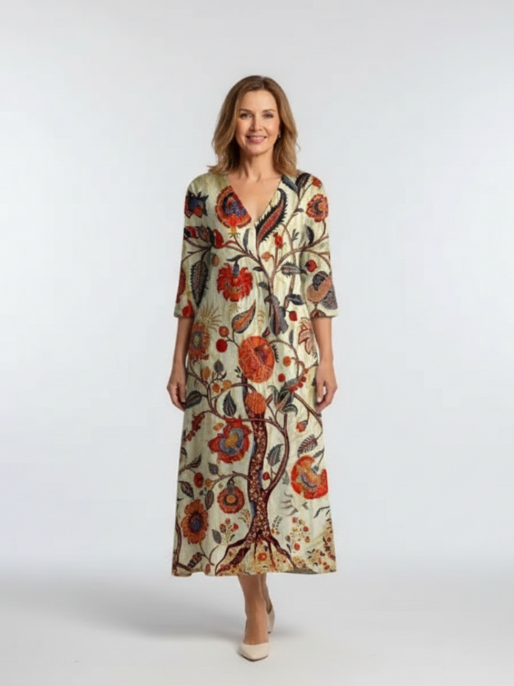 Corisande | Robe Midi à Fleurs à Manches Longues en V